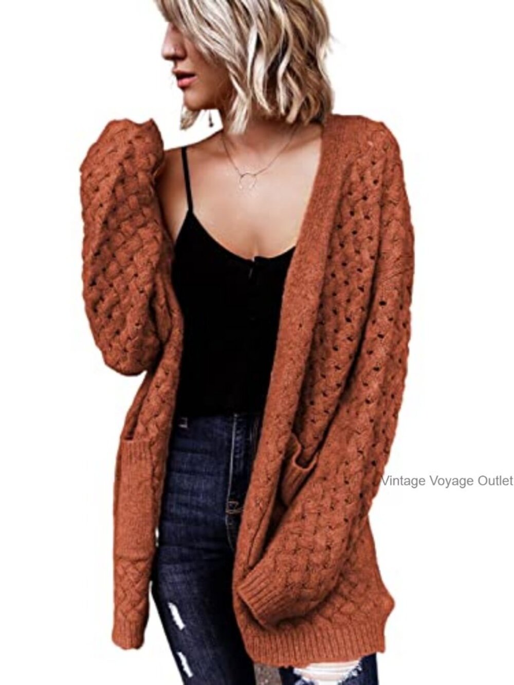 Cable Knit Open Front Cardigan Long Sleeve Chunky Sweater with Pockets